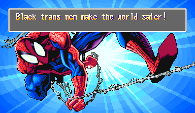 Screenshot from a spiderman videogame that shows spiderman swinging towards you and has a grey dialogue box that says in yellow text "Black transmen make the world safer!"